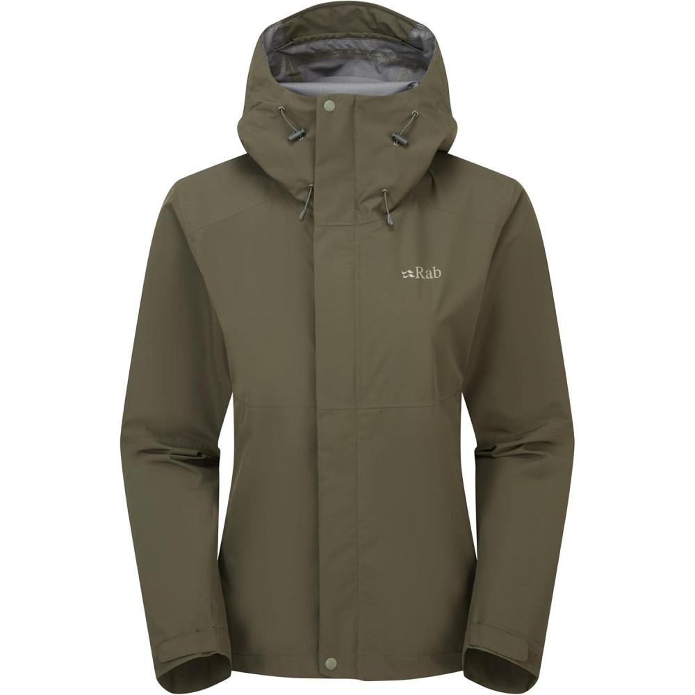 imageRab Womens Downpour Jacket  Lightweight Waterproof Hooded Coat for Hiking amp TrekkingArmy